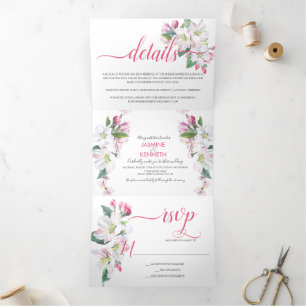 Waterverf Roze en White Apple Blossom Wedding Drieluik Uitnodiging