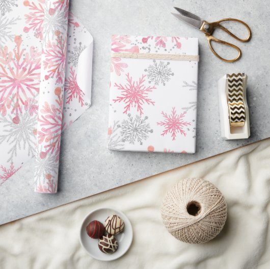 Waterverf Roze en zilverglitter Wintersneeuwvlokke Cadeaupapier (Crafts)