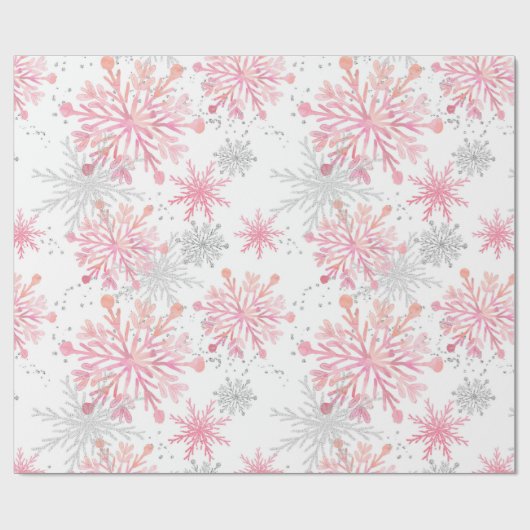 Waterverf Roze en zilverglitter Wintersneeuwvlokke Cadeaupapier (Vlak)