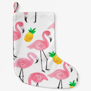 Waterverf roze flamingo en gele ananas kleine kerstsok
