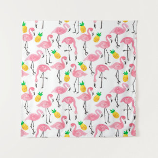 Waterverf roze flamingo en gele ananas wandkleed