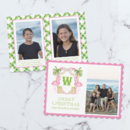 Waterverf Roze Flamingo Kerst Monogram Crest Feestdagenkaart