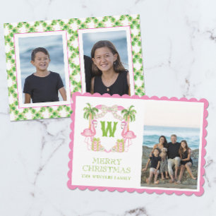 Waterverf Roze Flamingo Kerst Monogram Wapen Feestdagenkaart