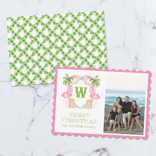 Waterverf Roze Flamingo Kerst Monogram Wapen Feestdagenkaart