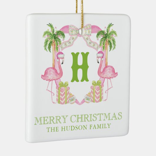 Waterverf Roze Flamingo Monogram Kam Kerst Keramisch Ornament (Rechts)