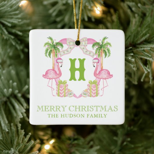 Waterverf Roze Flamingo Monogram Kam Kerst Keramisch Ornament (Boom)