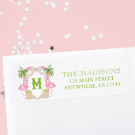 Waterverf Roze Flamingo Monogram Wapenschild Adres Etiket