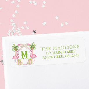 Waterverf Roze Flamingo Monogram Wapenschild Adres Etiket