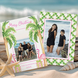 Waterverf Roze Flamingo Strand Kerstfoto Feestdagenkaart