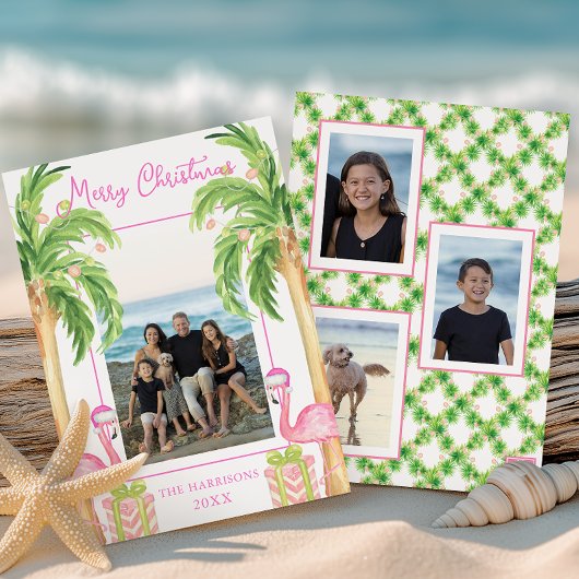 Waterverf Roze Flamingo Strand Kerstfoto Feestdagenkaart