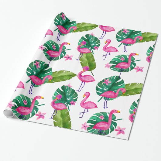 Waterverf Roze Flamingo Tropical Leaves Pattern Cadeaupapier (Uitgerold)