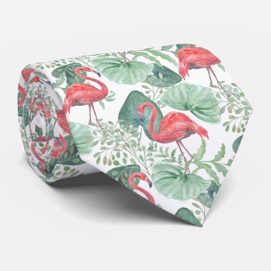 Waterverf Roze flamingos en bladeren. Stropdas (Opgerold)