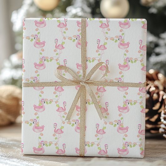Waterverf Roze Flamingo's & Lichten Kerst Cadeaupapier