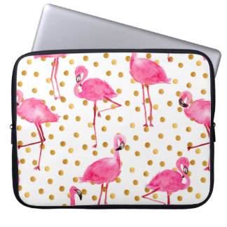 Waterverf roze flamingos met gouden stippen naadlo laptop sleeve