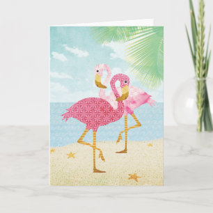 Waterverf Roze flamingos op het strand Kaart