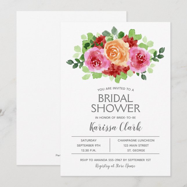 Waterverf Roze Floral Bridal Shower Invitations (Voorkant / Achterkant)