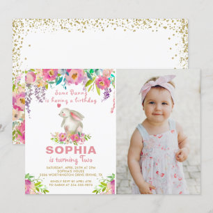 Waterverf Roze Floral een foto van Bunny Birthday Kaart