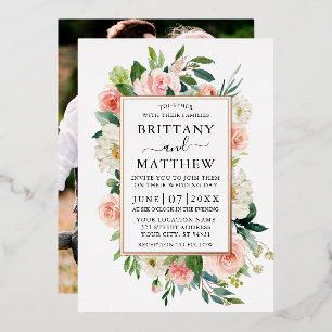 Waterverf Roze Floral Foto Roos Gold Folie Uitnodiging