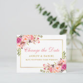 Waterverf Roze Floral Gold wijzig de datum Briefkaart (Staand voorkant)