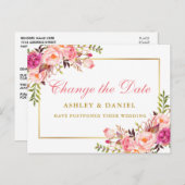 Waterverf Roze Floral Gold wijzig de datum Briefkaart (Voorkant / Achterkant)