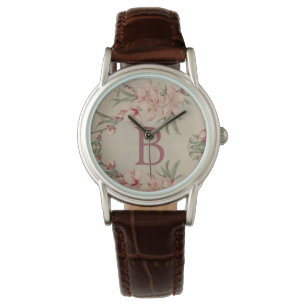  Waterverf Roze Floral Monogram Horloge