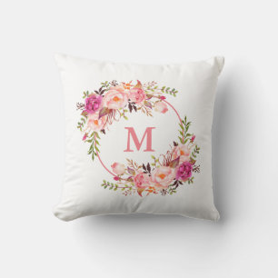 Waterverf Roze Floral Monogram Kussen