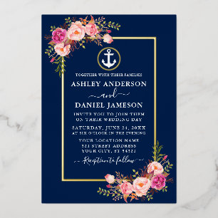 Waterverf Roze Floral Nautical Anchor Blue Gold Folie Uitnodiging