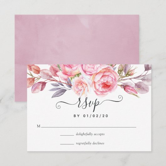 Waterverf Roze Floral RSVP Kaartje (Voorkant / Achterkant)