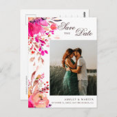 Waterverf roze florale bruiloft Opslaan Datum Briefkaart (Voorkant / Achterkant)