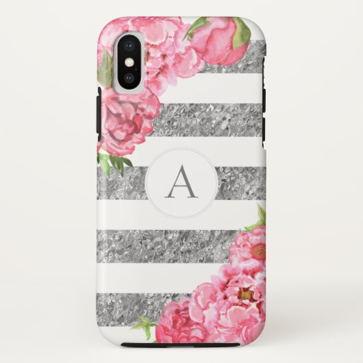 Waterverf Roze florale Silver strepen monogram Case-Mate iPhone Case (Achterkant)
