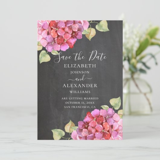 Waterverf roze fuchsia bloemen. Koolkarton Save The Date (Staand voorkant)