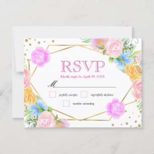 Waterverf Roze Geel Blauwe Bloemen Bruiloft Briefkaart