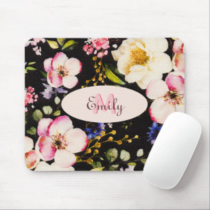 Waterverf Roze Geel Rozen op zwart, Monogram Mo Muismat