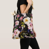 Waterverf roze geel rozen zwarte achtergrond draagtas (Dichtbij)