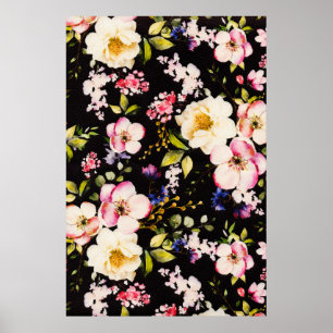 Waterverf roze geel rozen zwarte achtergrond poster