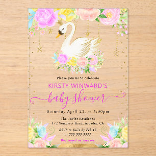 Waterverf Roze & Gele Bloemen Zwaan Baby Shower Acryl Uitnodigingen