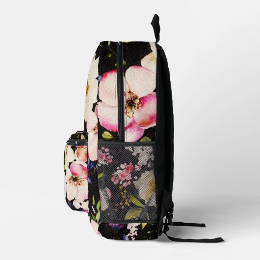 Waterverf Roze Gele Rozen op zwart, Monogram Bedrukte Rugzak (Rechts)