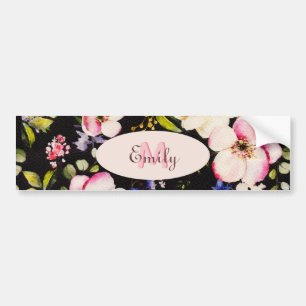 Waterverf Roze Gele Rozen op zwart, Monogram Bumpersticker
