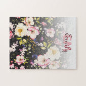 Waterverf Roze Gele Rozen op zwart, Monogram Legpuzzel (Horizontaal)