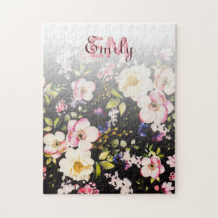 Waterverf Roze Gele Rozen op zwart, Monogram Legpuzzel