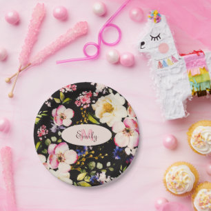 Waterverf Roze Gele Rozen op zwart, Monogram Papieren Bordje