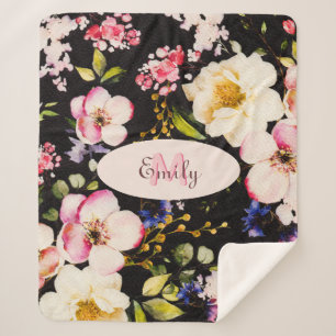 Waterverf Roze Gele Rozen op zwart, Monogram Sherpa Deken