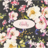 Waterverf Roze Gele Rozen op zwart, Monogram Sticker (Voorkant)