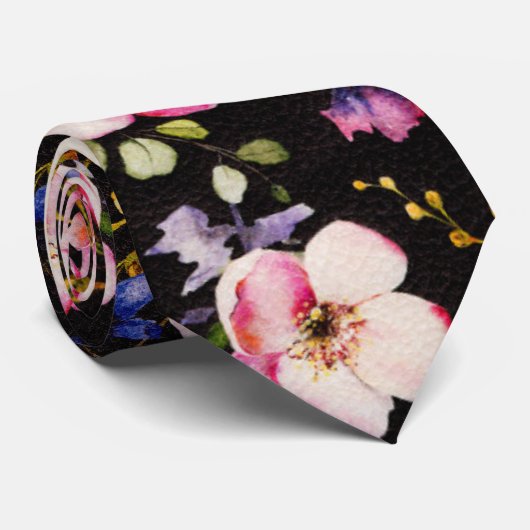 Waterverf Roze Gele Rozen op zwart, Monogram Stropdas (Opgerold)