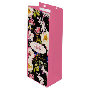 Waterverf Roze Gele Rozen op zwart, Monogram Wijn Cadeautas