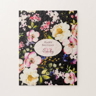 Waterverf Roze & Gele Rozen op Zwart, Verjaardag Legpuzzel