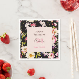 Waterverf Roze & Gele Rozen op Zwart, Verjaardag Servet