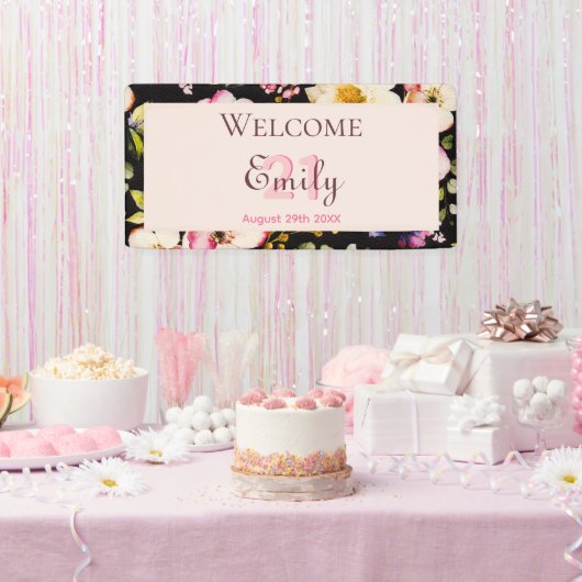 Waterverf Roze & Gele Rozen op Zwart, Verjaardag Spandoek (Feest)