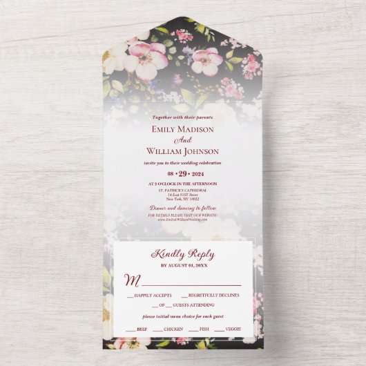 Waterverf Roze Gele Rozen, zwart wazig, Bruiloft All In One Uitnodiging (Binnen)