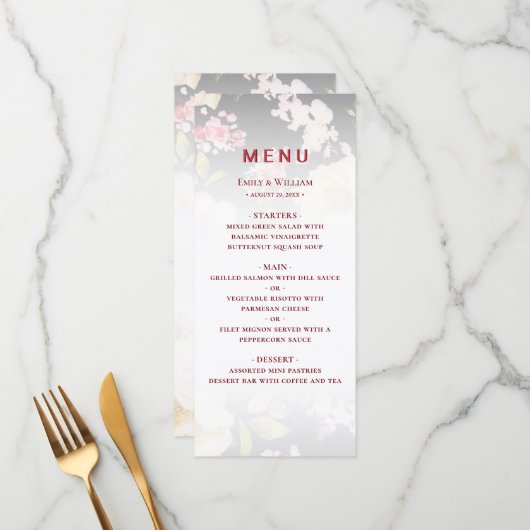 Waterverf Roze Gele Rozen, zwart wazig, Bruiloft Menu (Voorkant / Achterkant in situ)